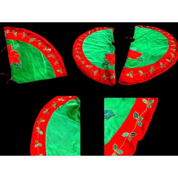 VTG Poinsettia Christmas Tree Skirt Red Green Holly Embroidered Flower L… - Picture 8 of 12